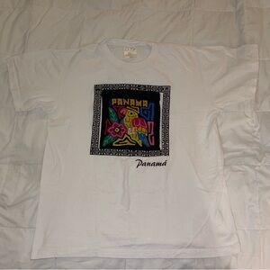 Vintage White T-Shirt with Colorful Panama Mola Textile Graphic Size Large
